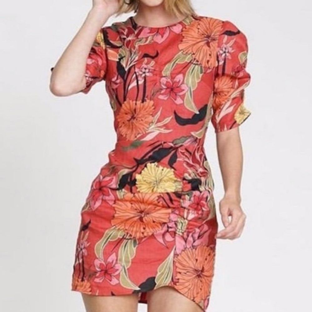 NEW DRA Anthropologie Coral Floral 100% Linen Puff Sleeve Ruched Mini Dress M